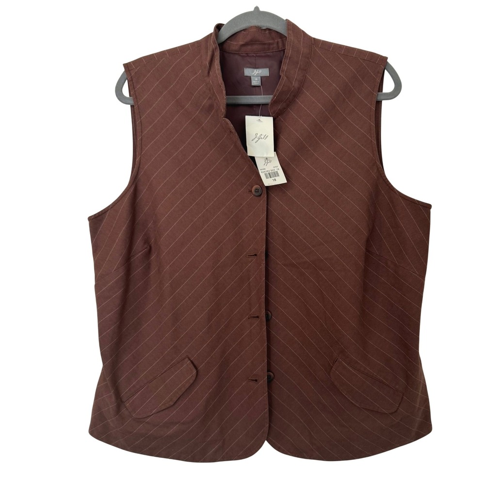 J‎ Jill Vest Women Sz 18 Button Brown Cotton Linen Pinstripe Preppy Minimalist
